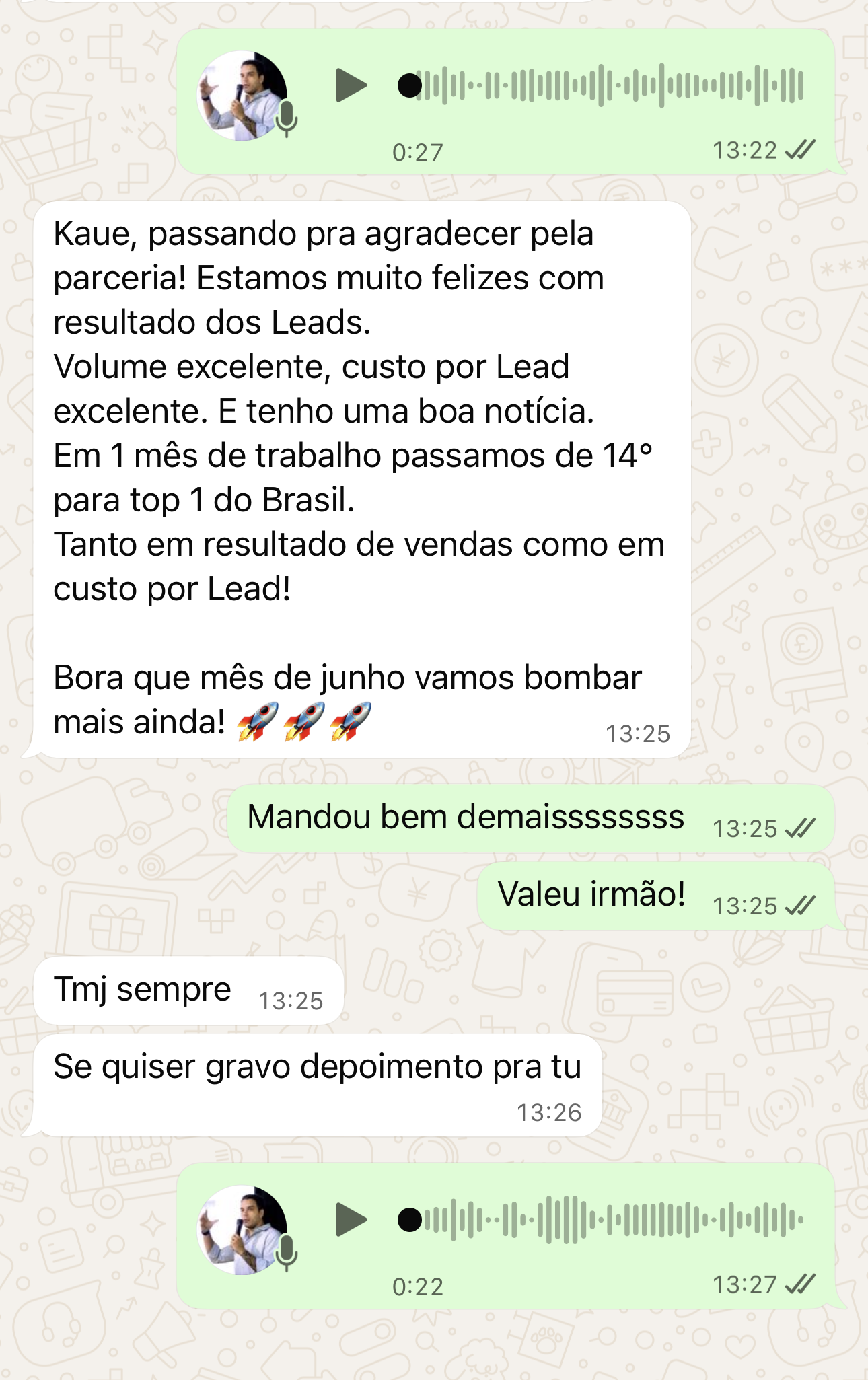 Print do depoimento da Tenda no WhatsApp